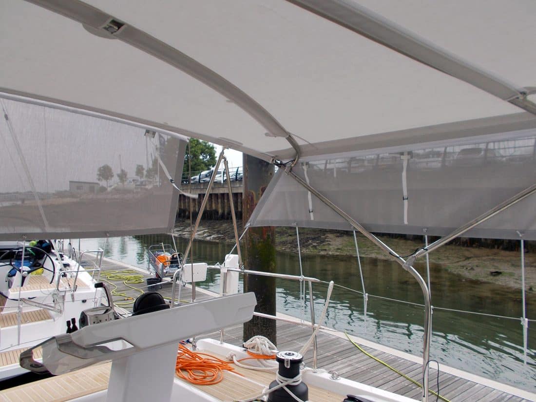 Hanse 548 Bimini shown with Mesh Side Shade Panels