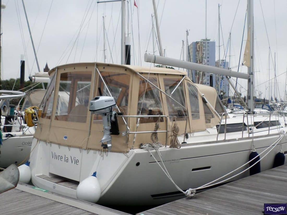 Dufour 445 Bimini shown fitted with Tecsew Bimini Conversion