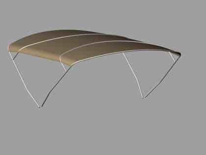 Sealine F42 bimini with a curved design, featuring Sunbrella fabric and stainless steel frame for flybridge protection.