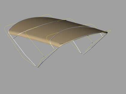 Sealine F42 bimini with a curved design, featuring Sunbrella fabric and stainless steel frame for flybridge protection.