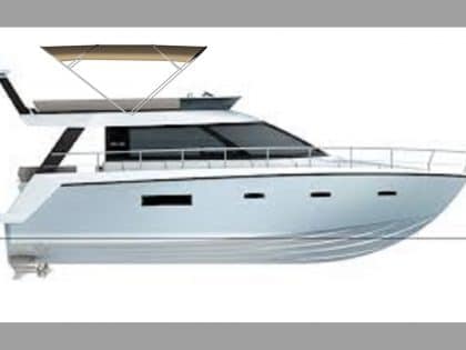 Sealine F42 bimini with a curved design, featuring Sunbrella fabric and stainless steel frame for flybridge protection.