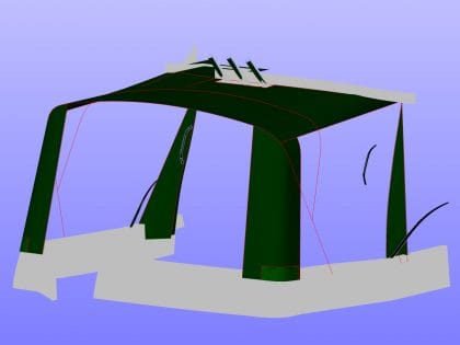 Aft Corner showing Rear & Sides Rolled, leaving frame, aft corner canvas and canvas covering side deck