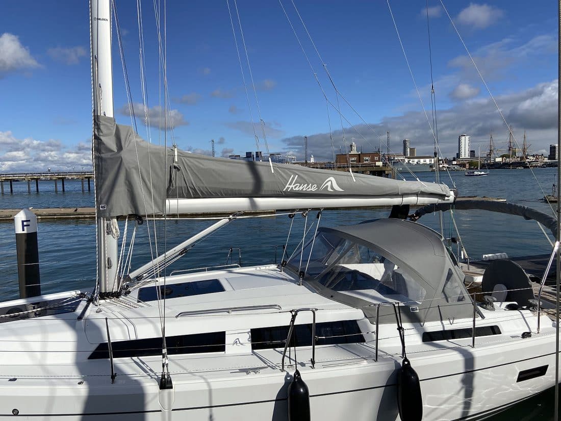 Hanse 388 Stackpack Shown with Optional Sign Writing