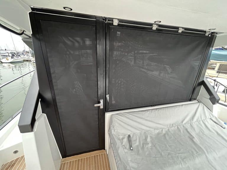 Beneteau Grand Turismo GT 45 Rear Door and Rear Window Soltis Mesh Window Blinds