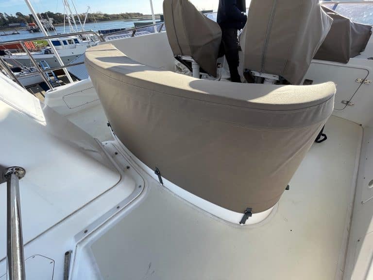 Nordhavn 47 seating and helm seat covers in Sunbrella marine fabric for durability and weather protection
