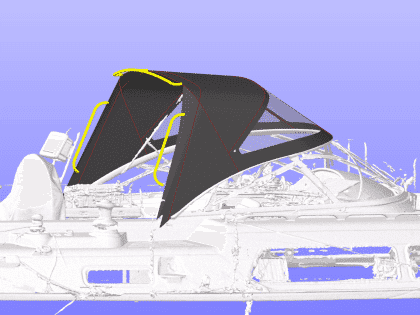 Full view of a Moody 54 yacht with a newly designed sprayhood featuring a modern framework and premium fabric.