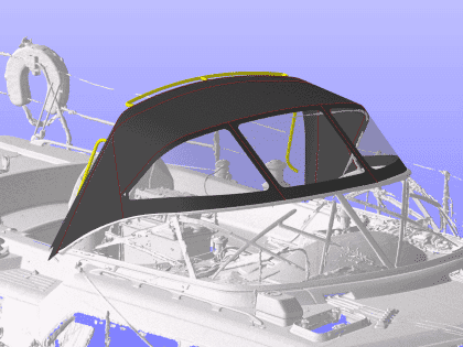 Full view of a Moody 54 yacht with a newly designed sprayhood featuring a modern framework and premium fabric.