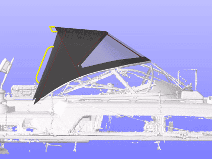 Full view of a Moody 54 yacht with a newly designed sprayhood featuring a modern framework and premium fabric.