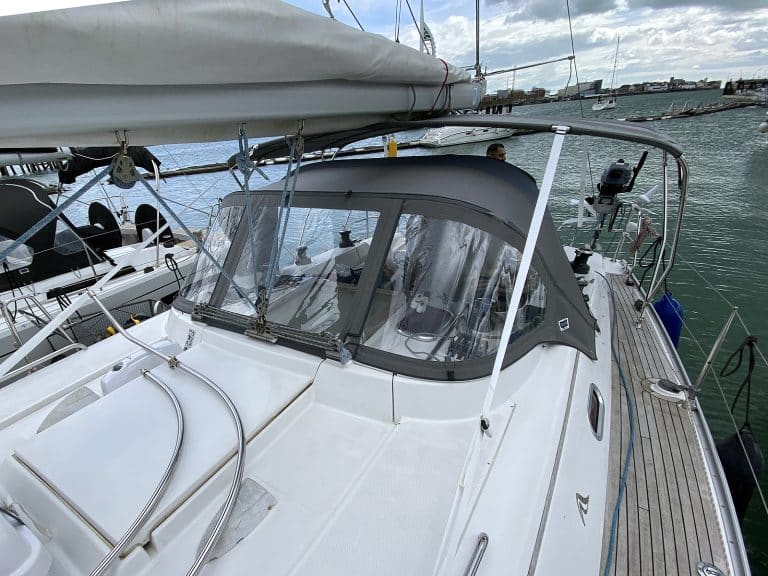 Hanse 400e bimini with stainless steel frame and durable marine-grade fabric for protection and style.