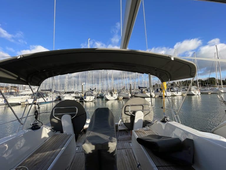 Bavaria C38 Short 3-Bar Bimini integrated with Tecsew’s Bimini Conversion for enhanced functionality.