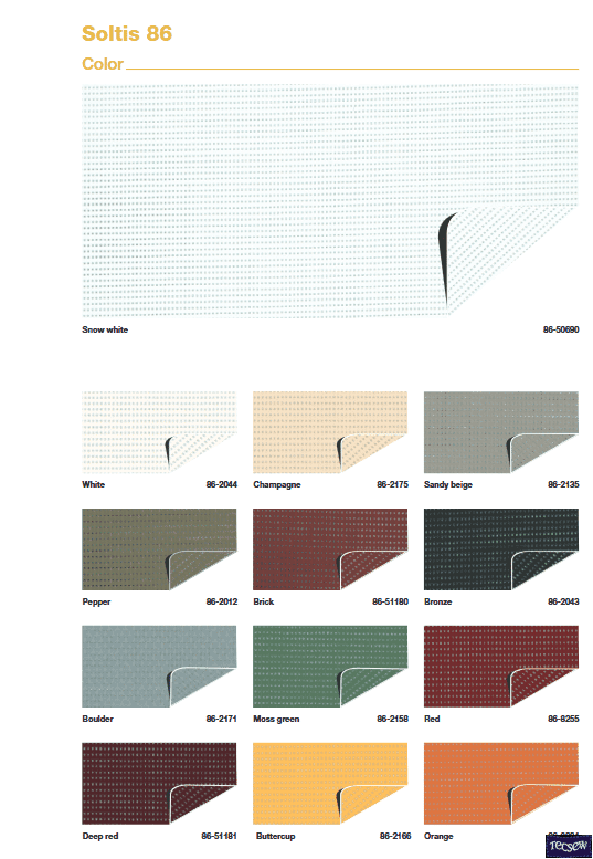 Ferrari Soltis 86 Shade Mesh Colour Card showcasing a variety of fabric colours for shading solutions.