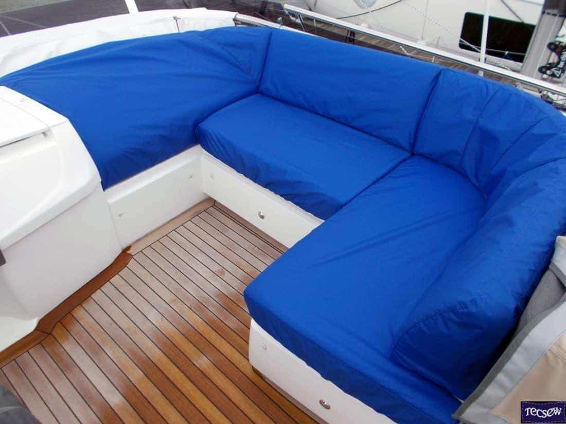 Tecsew crew covers made with Sunbrella fabric, tailored for boat seating to protect against UV and wear.