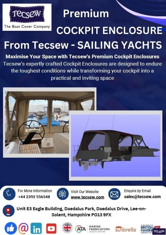 Cockpit Enclosure Sailing Yacht Brochure cover by Tecsew showcasing premium marine enclosures.